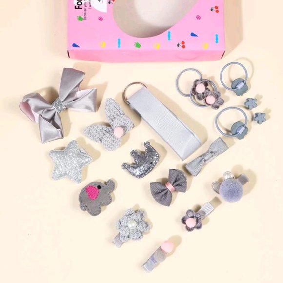 18 Piece Toddler Girls Bow and Flower Hair Accessory Gift Set Gray - Picture 2 of 3